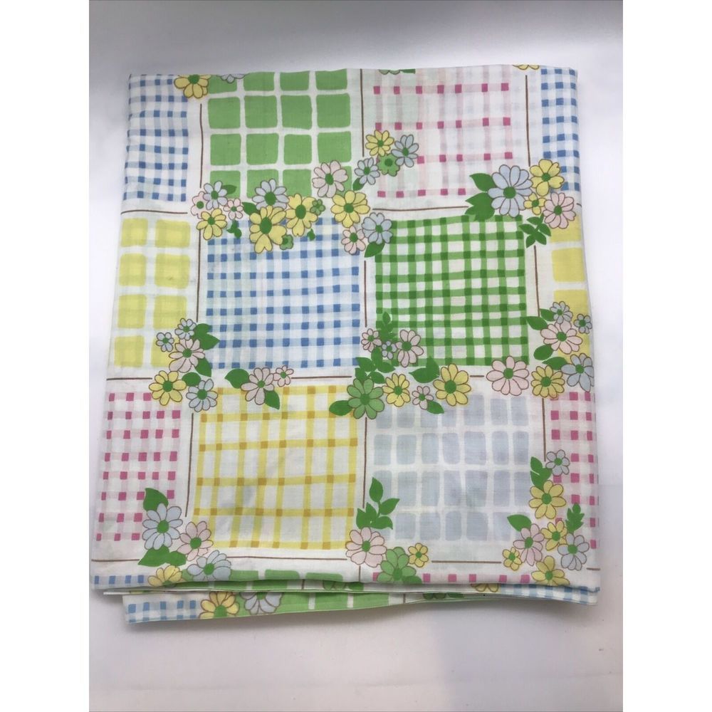 Cannon 70s Daisy Twin Flat Sheet Gingham Square Monticello Muslin Vintage D1